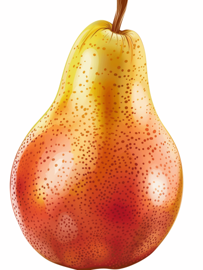 A realistic illustration of a pear shaped like an apple, a yellow and red colored pear with many small dots on the skin, in the style of clipart isolated on a white background, high resolution, professional photograph, no shadow, zoomed out.