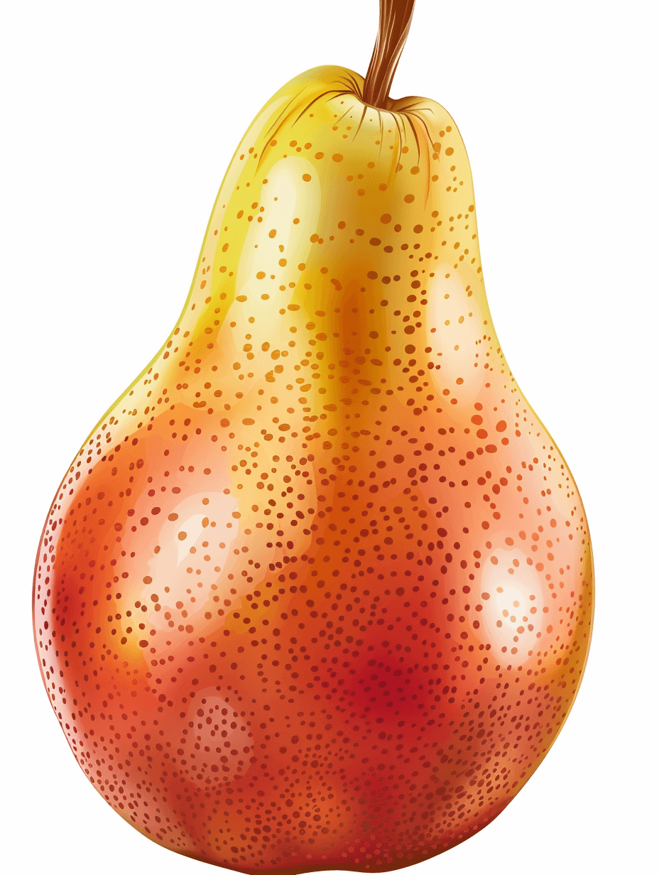 A realistic illustration of a pear shaped like an apple, a yellow and red colored pear with many small dots on the skin, in the style of clipart isolated on a white background, high resolution, professional photograph, no shadow, zoomed out.