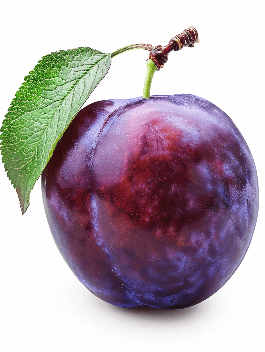 Plum, one plum with leaf on a white background, a high resolution photographic image, insanely detailed and intricate, isolated on a plain white background, stock photo, professionally color graded, no contrast enhancement, clean and sharply focused.