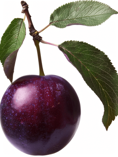 A realistic photo of an isolated purple plum with leaves, white background, high resolution photography, insanely detailed and intricate, HDR professional photograph in the style of nature photographer and suitable for stock photos, professional color grading, clean sharp focus,