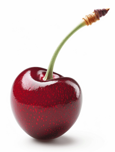 A cherry with the stem in place, on white background, high resolution photo realistic details