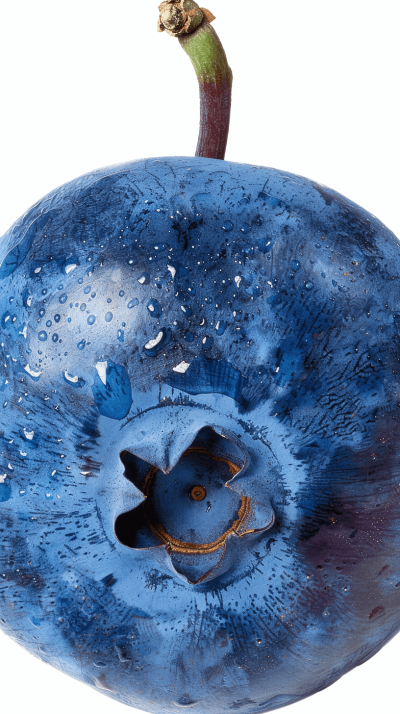 A closeup of an oversized blueberry with the pit still in place, isolated on a white background, in the style of watercolor, high resolution, hyper realistic, product photography, ultra detailed