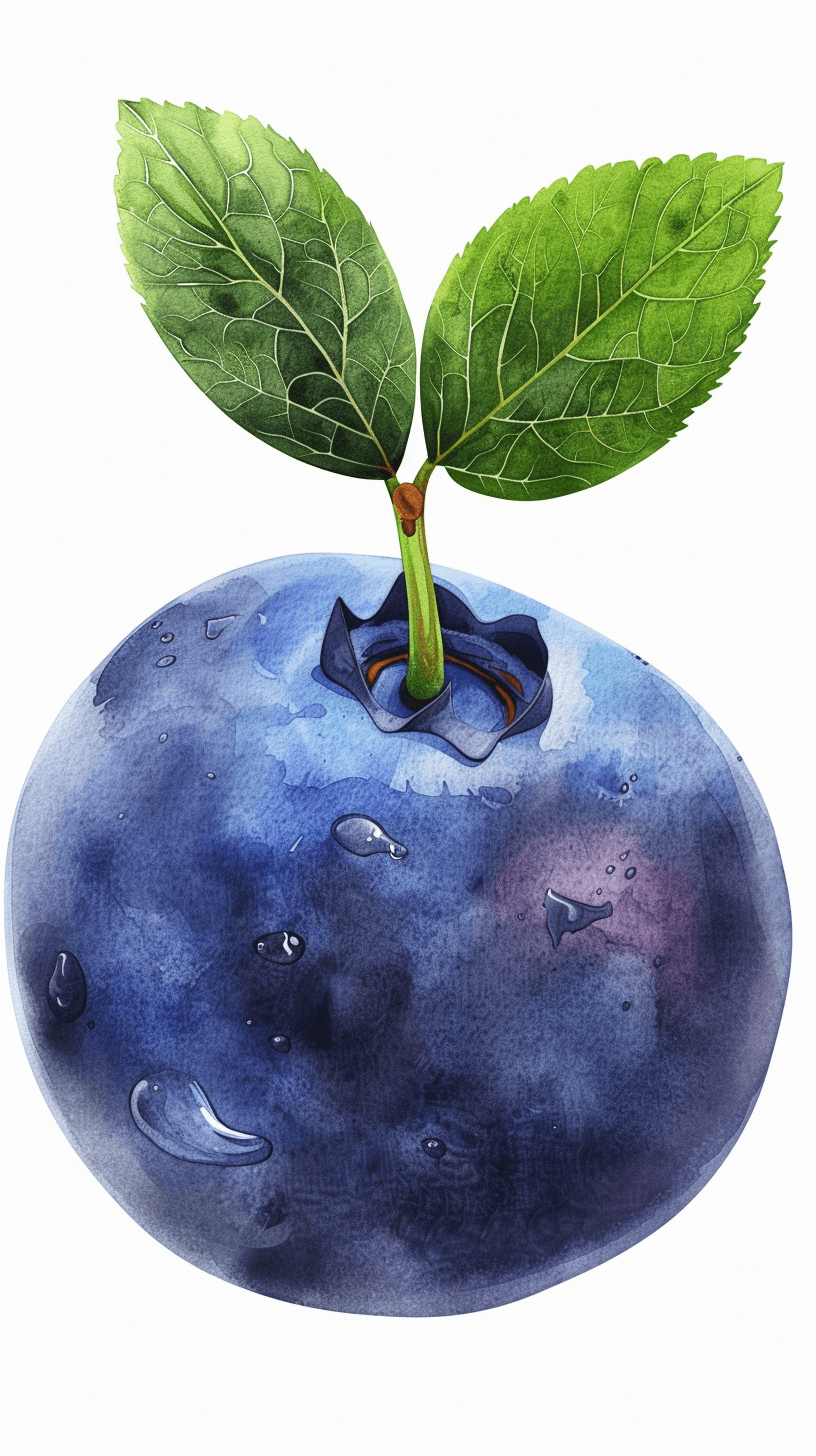 watercolor blueberries with leaf clipart, white background, illustration in the style of children’s book, pastel colors, high resolution