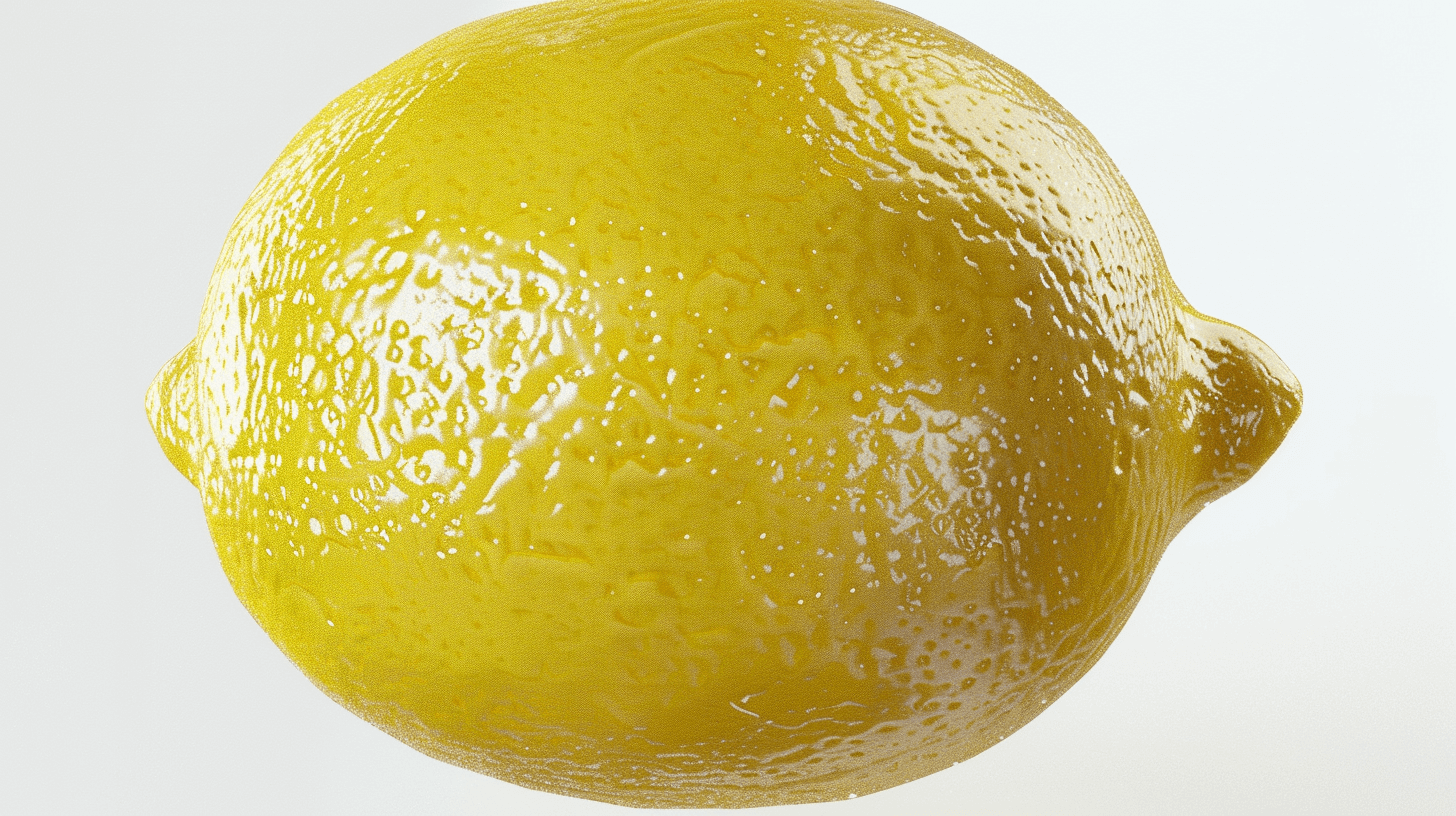 A highly detailed and ultrarealistic lemon on a white background, capturing intricate textures with precision. The focus is sharp, highlighting the unique features of each surface.