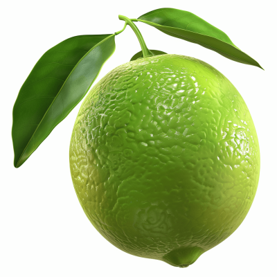 A vibrant green lemon with leaves, set against a white background. Photorealistic and hyperdetailed rendering style, rendered in Cinema4D to highlight the lime's unique texture and form.