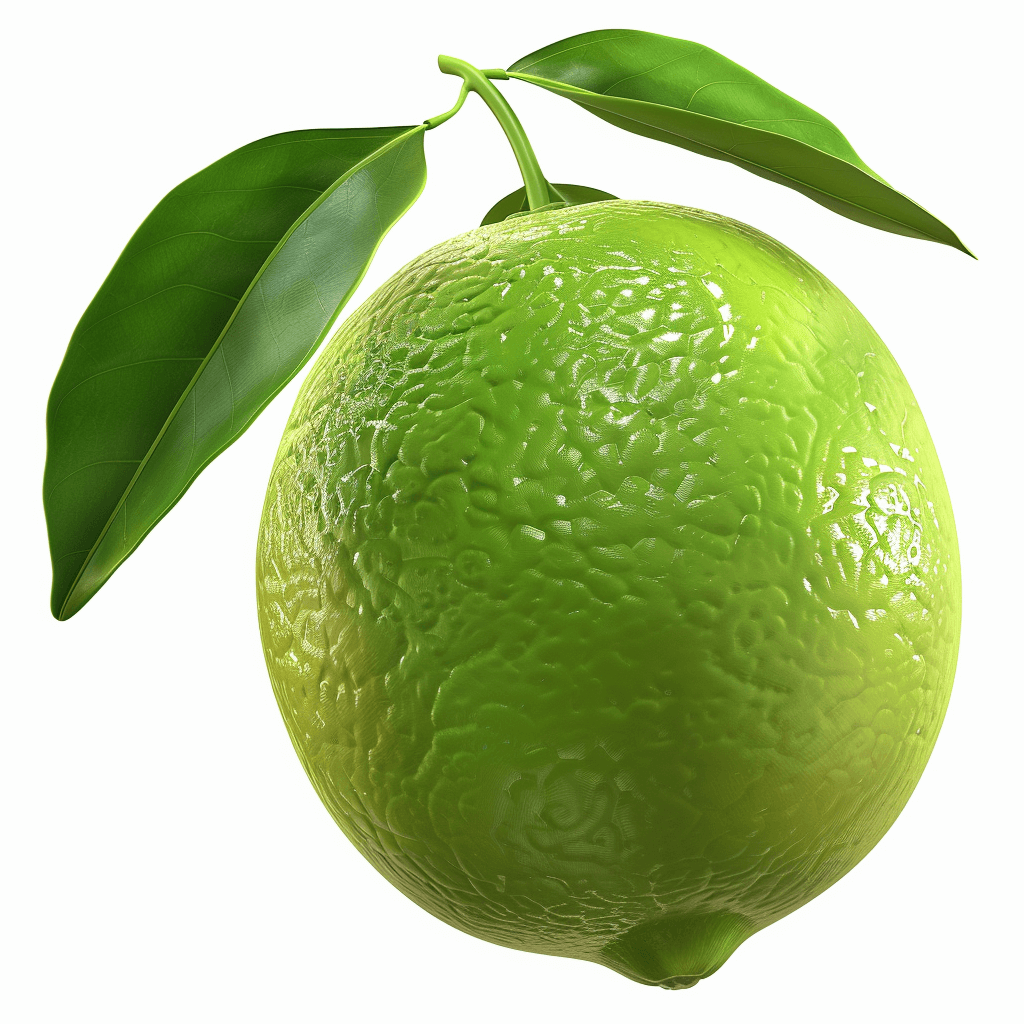 A vibrant green lemon with leaves, set against a white background. Photorealistic and hyperdetailed rendering style, rendered in Cinema4D to highlight the lime’s unique texture and form.