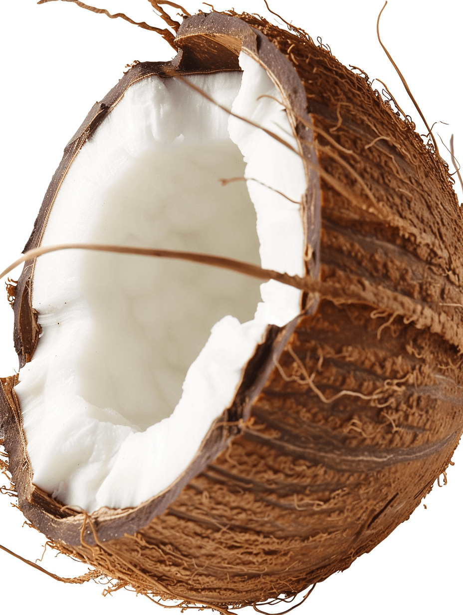 Coconut, cut in half with white coconut inside, transparent background PNG file, high resolution, hyper realistic, high detail, hyper quality, hyperrealistic, hyperdetailed, hyperfine, hypertone, hyperwispy, hypercrisp details, hypercolored, hypercontrast, hyperl spotted, hyperhighly detailed, hyperresolution, hypersaturated, hyperglossyed, hyperbright colors, hyperstyle. no shadow on the left side of the picture.