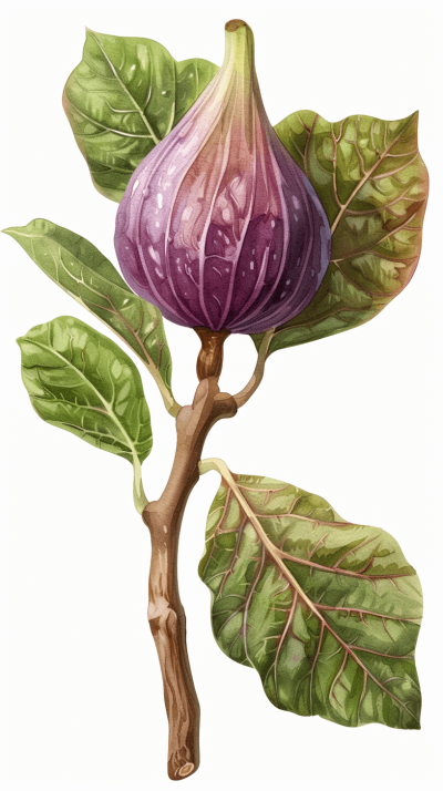 A purple fig with leaves on the branch, botanical illustration in the style of naturalism, detailed painting, clipart, white background, watercolor, high detail, hyperrealistic, super clean