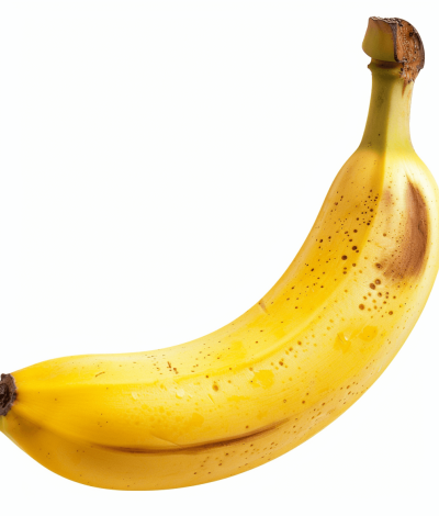 A banana with yellow skin and brown spots on a white background, high resolution photographic image, insanely detailed, isolated against a white background, stock photo with professional color grading, award winning compositional style, bright image in high definition.