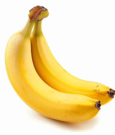 Realistic photograph of complete fresh banana isolated, solid stark white background, focused lighting