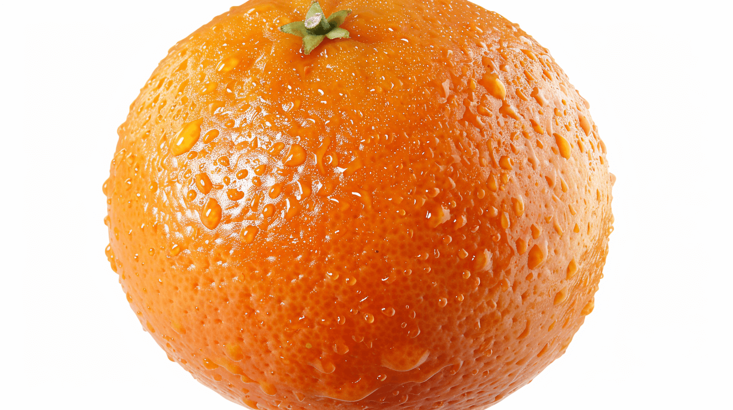 A fresh orange with water droplets on it, white background, top view, high resolution photography, high quality details, high definition, high detail, high resolution, hyper realistic, hyper detailed, hyper realisitic, professional photo shoot, professional studio shot, professional product photography, professional color grading,