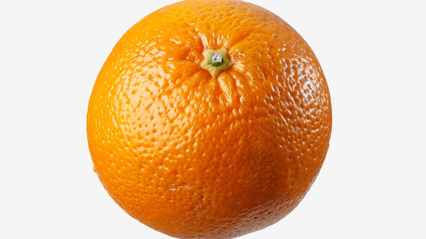 A highly detailed and ultrarealistic photograph of an orange on white background, captured with sony alpha f32 lens at the perfect angle, emphasizing its vibrant color and intricate textures. The lighting is soft yet highlights every contour of the fruit’s surface, creating depth that enhances realism. This highresolution image captures every detail in stunning clarity, making it ideal for commercial use or as a stock photo.