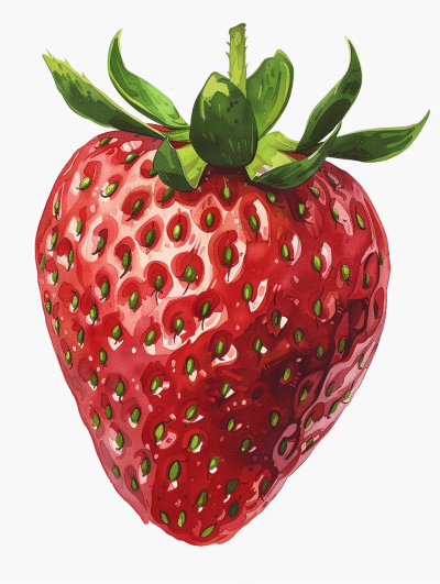 A detailed close up illustration of a strawberry in the style of a children's book illustrator, with a vector clipart style. The isolated strawberry is on a white background with a bold and bright color palette. Textured shading and detailed character design are used, with clean edges in a watercolor style. The image is high resolution.