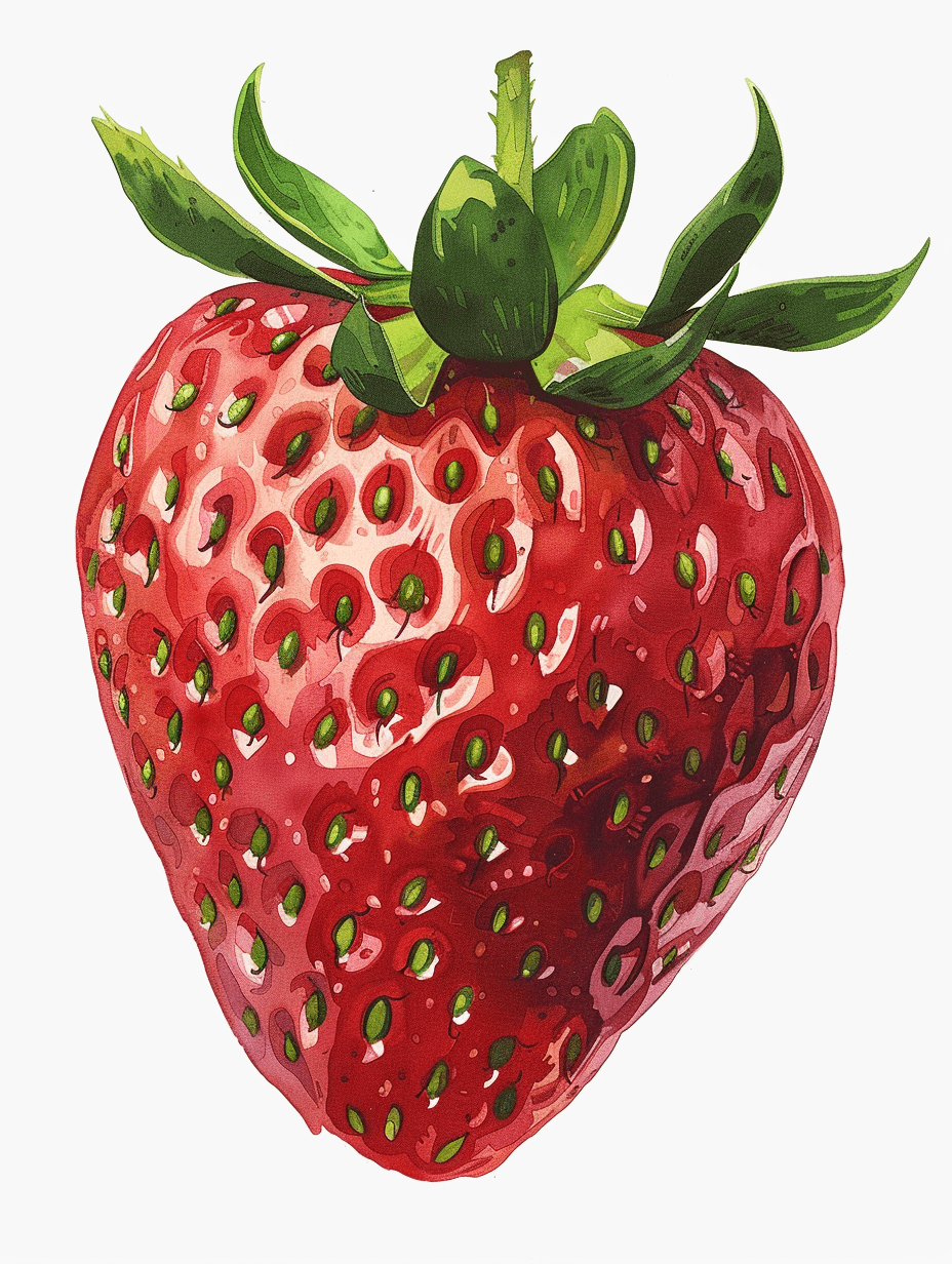 A detailed close up illustration of a strawberry in the style of a children’s book illustrator, with a vector clipart style. The isolated strawberry is on a white background with a bold and bright color palette. Textured shading and detailed character design are used, with clean edges in a watercolor style. The image is high resolution.