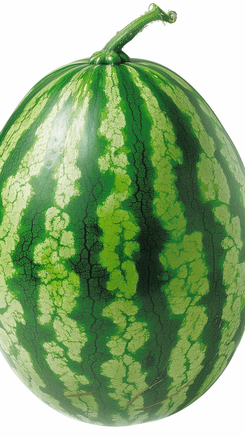 A whole watermelon, green with white stripes, in the style of photo realistic, on a white background, with high resolution, high quality, and high detail, in the style of hyper detailed photography, from a professional photograph shoot, shot on a canon dslr camera, with sharp focus and sharp details, in the style of hyperrealistic.