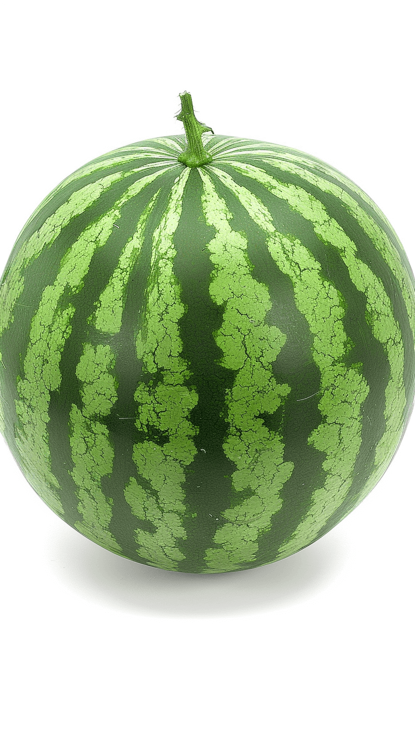 A watermelon of green color with black stripes, photo realistic in the style of white background, high resolution