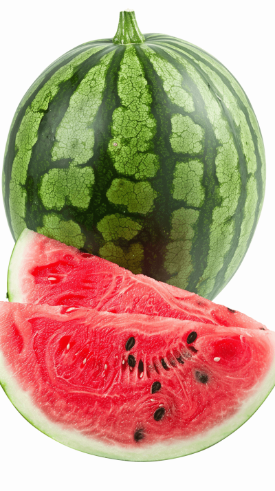 Watermelon, whole watermelons and sliced watermellon realistic stock photo on white background as isolated element, cut out with clipping path. Full depth of field in sharp focus from front view