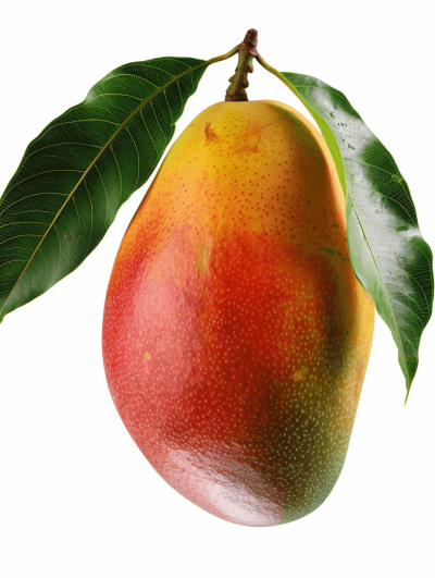 Mango, Realistic stock photography of an mango with leafs hanging down, on white background, high resolution and very detailed