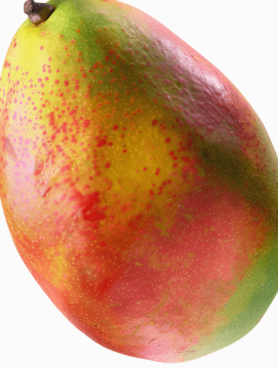 A mango, a realistic photo of the entire fruit, with detailed skin texture and color, no background. The colors include reds, yellows, greens, pinkish tones, and hints of purple. High resolution, high quality, high detail, sharp focus, hyperrealistic in the style of a photograph.