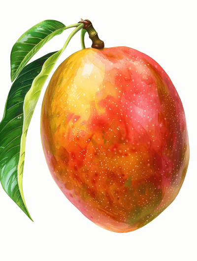 watercolor mango clipart, white background, illustration style for children's book, pastel colors, no shadow, no gradient, simple, clean and clear drawn, high resolution, high quality, high detail, hyper realistic, best resolution, hyper detailed, high definition, high contrast, hyper realistic, hyper sharp focus