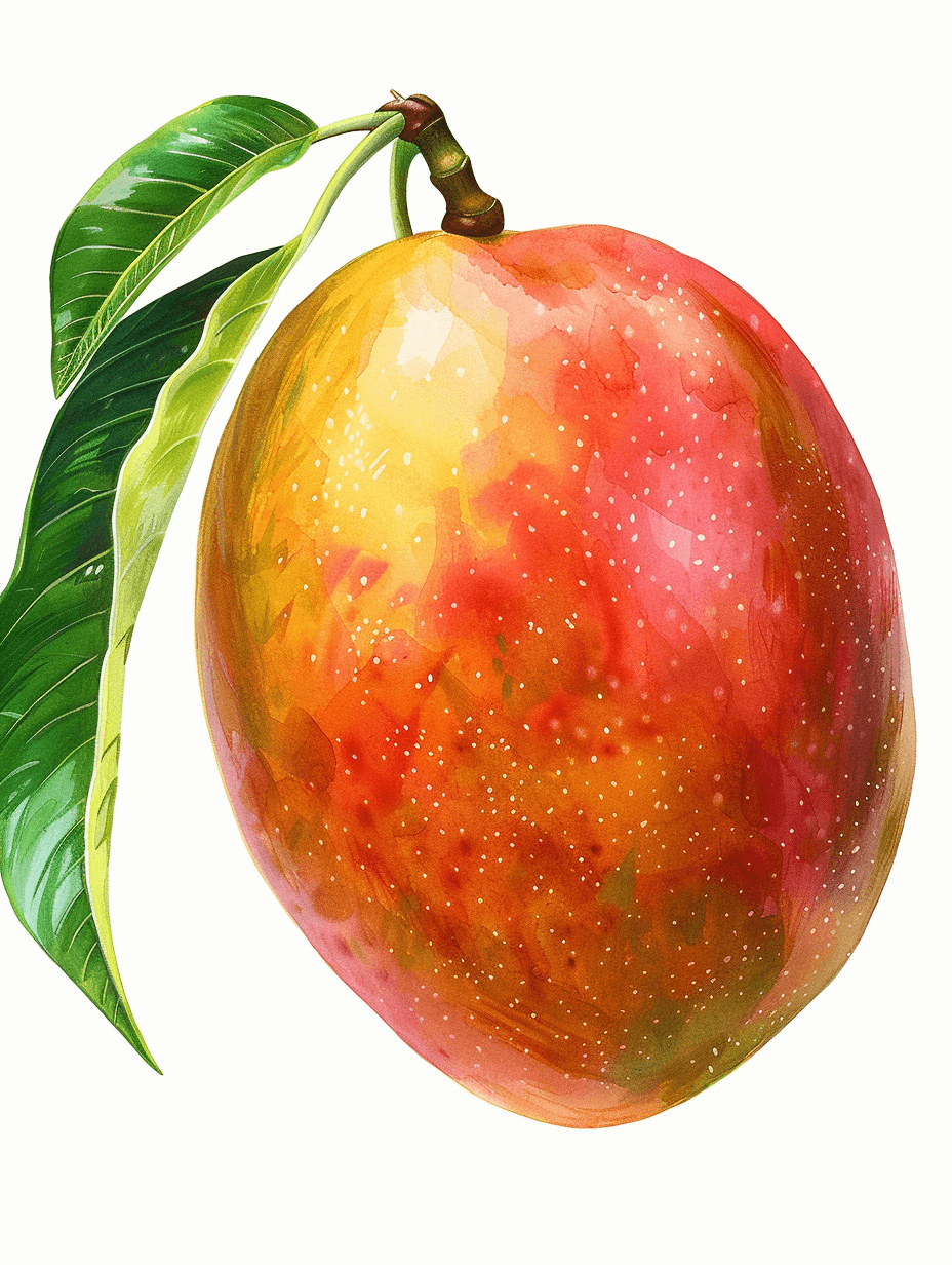 watercolor mango clipart, white background, illustration style for children’s book, pastel colors, no shadow, no gradient, simple, clean and clear drawn, high resolution, high quality, high detail, hyper realistic, best resolution, hyper detailed, high definition, high contrast, hyper realistic, hyper sharp focus