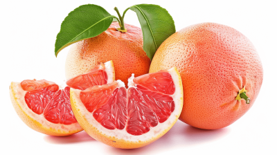 Gricia, two whole grapefruits and one sliced grapefruit on a white background, a high resolution photographic image, with insanely detailed focus, an isolated plain subject, a stock photo, taken with a wide angle shot in the style of Gricia.