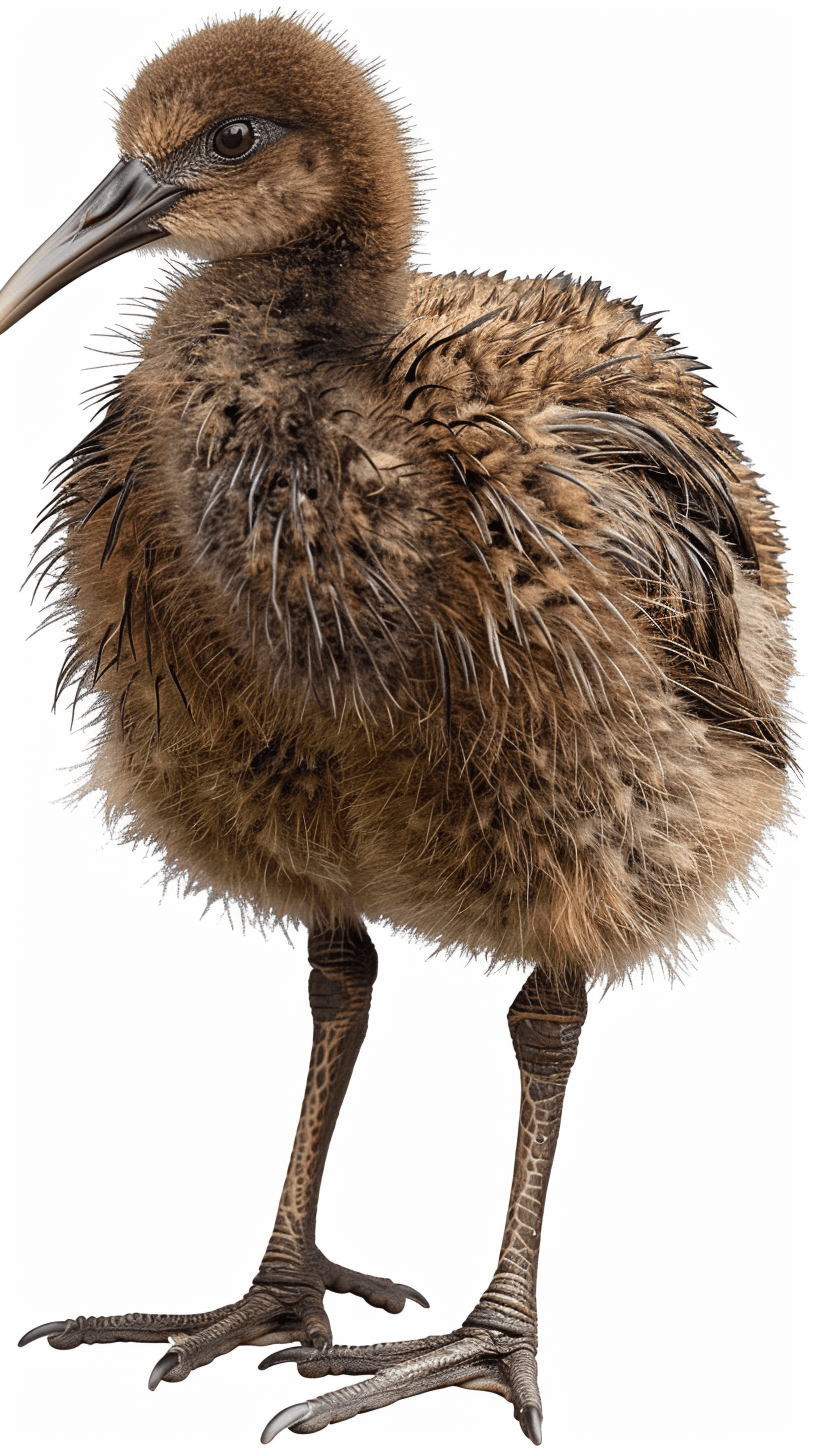 full body of an albatross chick against a white background, rendered in photorealistic detail.