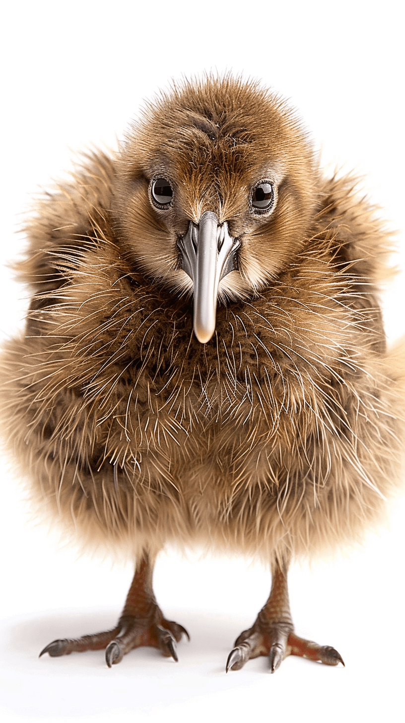 A cute baby kiwi bird with long beak, short brown feathers and black eyes on white background, full body shot, hyper realistic photography