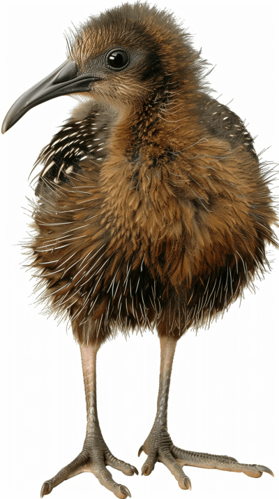 full body of cute baby kiwi bird, long beak and black eyes, brown fluffy feathers, no background, photorealistic