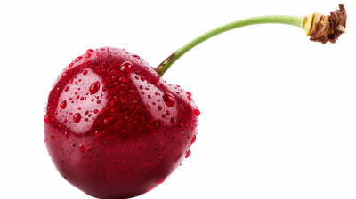 A cherry with water droplets on it, white background, high resolution photography, insanely detailed and intricate, sharp focus, isolated, centered composition, professional color grading, in the style of stock photo