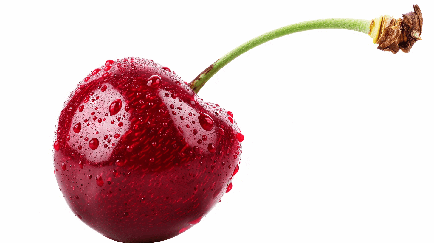 A cherry with water droplets on it, white background, high resolution photography, insanely detailed and intricate, sharp focus, isolated, centered composition, professional color grading, in the style of stock photo