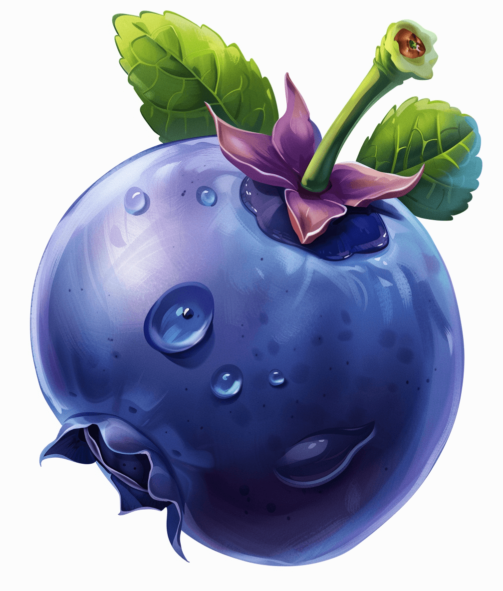 A blueberry with flower and leaf, in the style of clipart, white background, 2d video game asset, vector art, concept art for a mobile fantasy rpg game