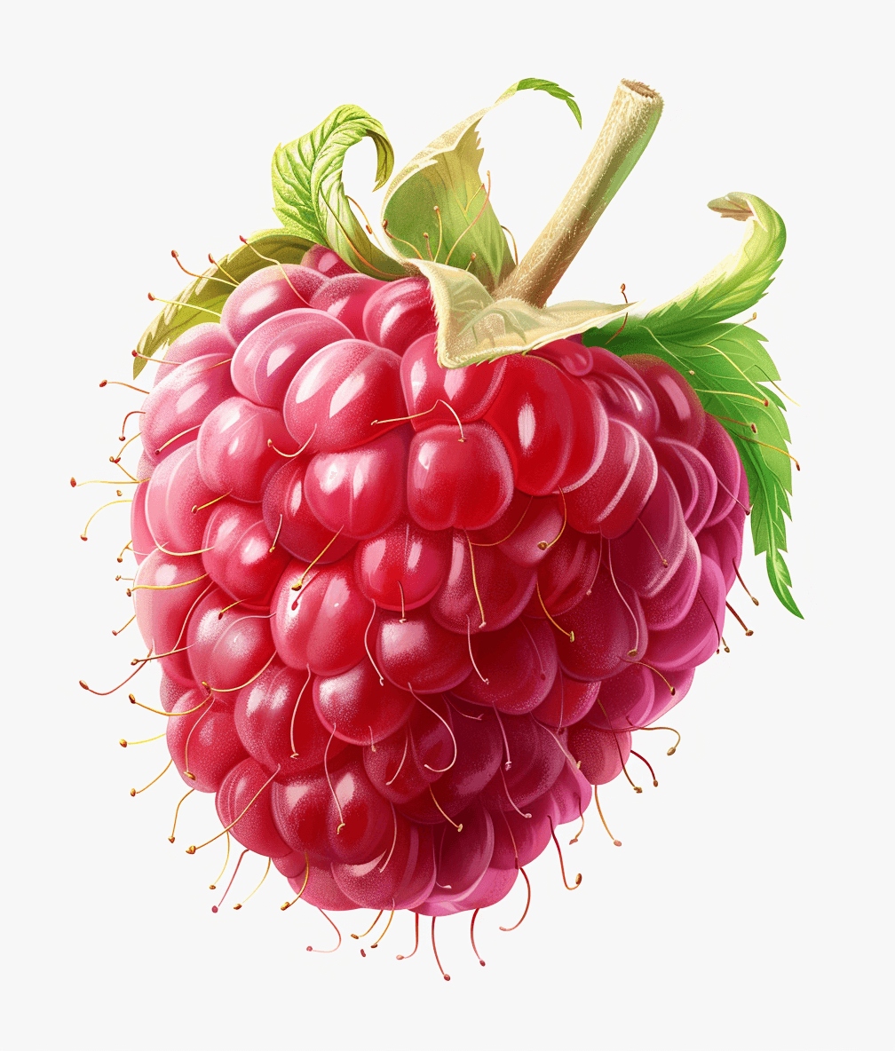 R Campbell style realistic illustration of a raspberry, isolated on a white background, detailed, high resolution, professional photograph, with small lighting effects, in the style of studio lighting, bright natural light and shadow blend, transparent technology sense. White clean background color.