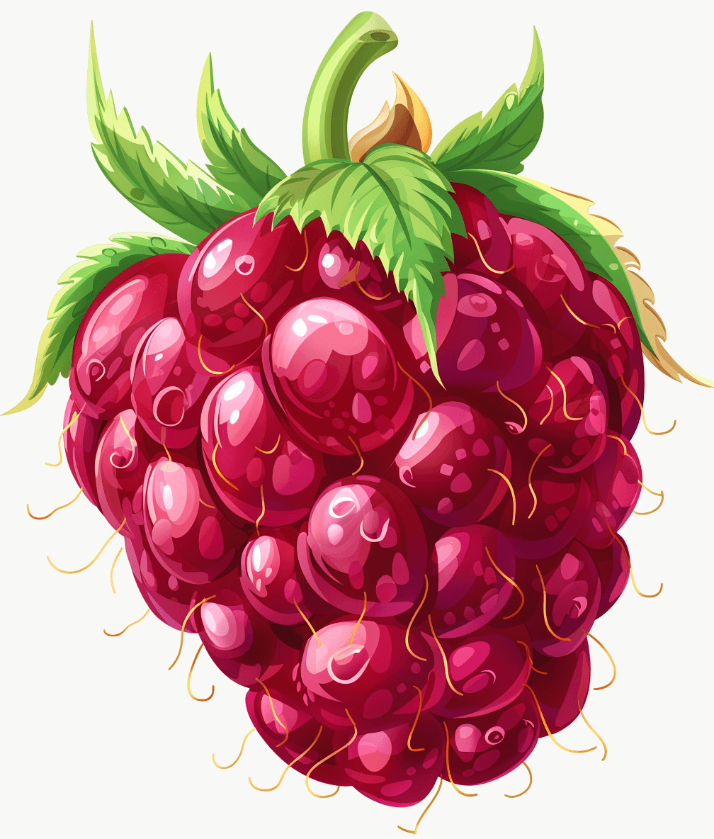 A vector illustration of a raspberry, no background, white color, cute cartoon style, simple design, flat colors, vector art, high resolution, high quality, high details, digital art, high definition, high resolution, high detail, sharp focus, hyper realistic, hyper detailed, hyper colored