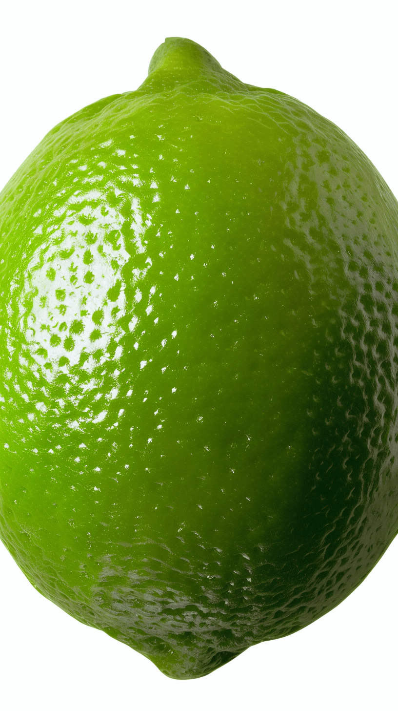 A lime isolated on a white background, with no shadow under the lime, in the style of hyper realistic macro photography from a top view, with high resolution, high definition, high quality, high detail, sharp focus, sharp details, a high dynamic range image, high contrast, taken by a professional photographer, like an award winning photo, with HDR and hyperrealistic qualities, similar to an octane render with volumetric light, captured with a wide angle lens, like a Nikon d70.