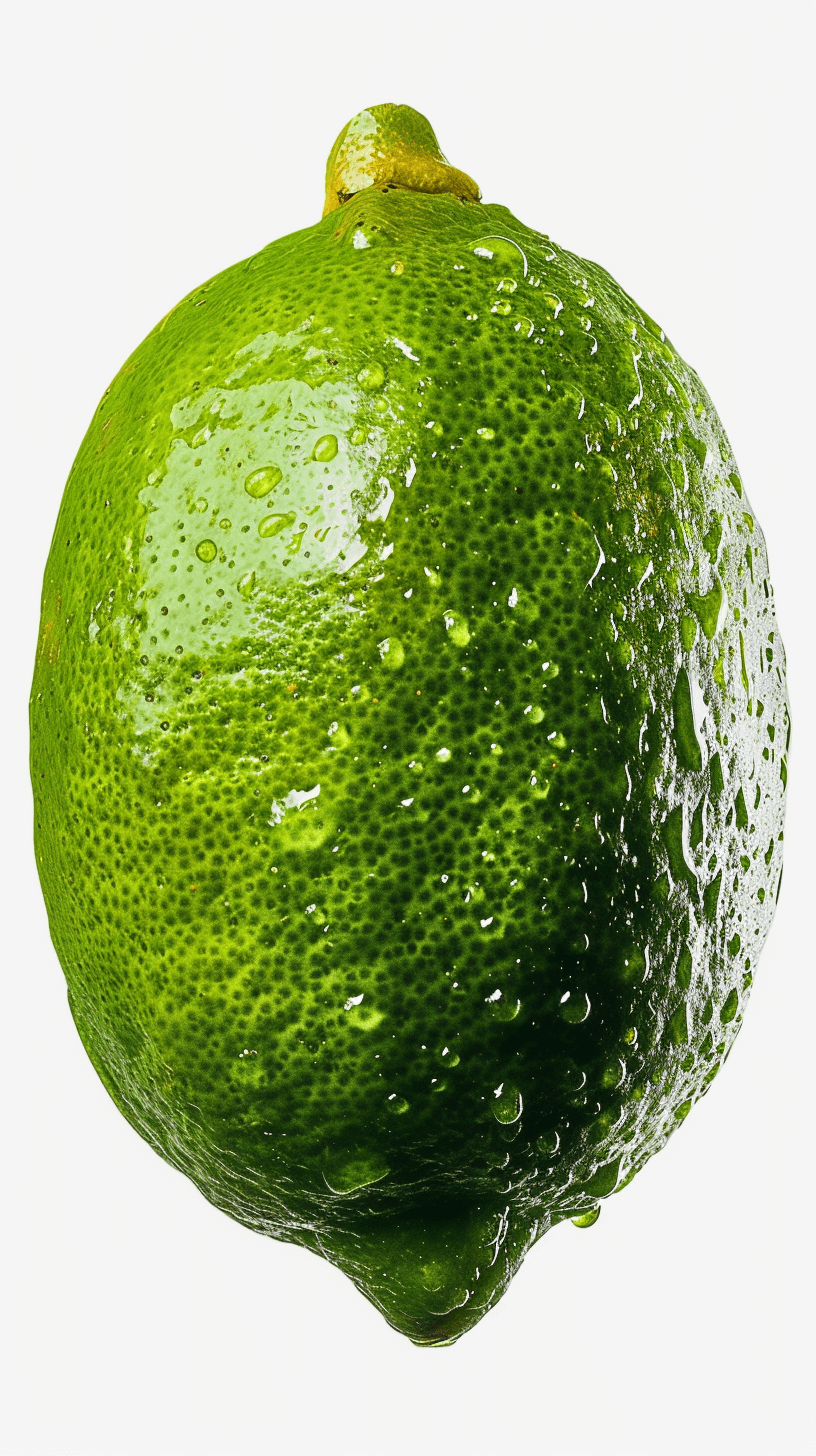 A photo of the highest quality, a whole lime with water droplets on it, white background, studio lighting, commercial photography, studio photography, professional color grading, hard light, high resolution, high detail, super real texture, super high definition