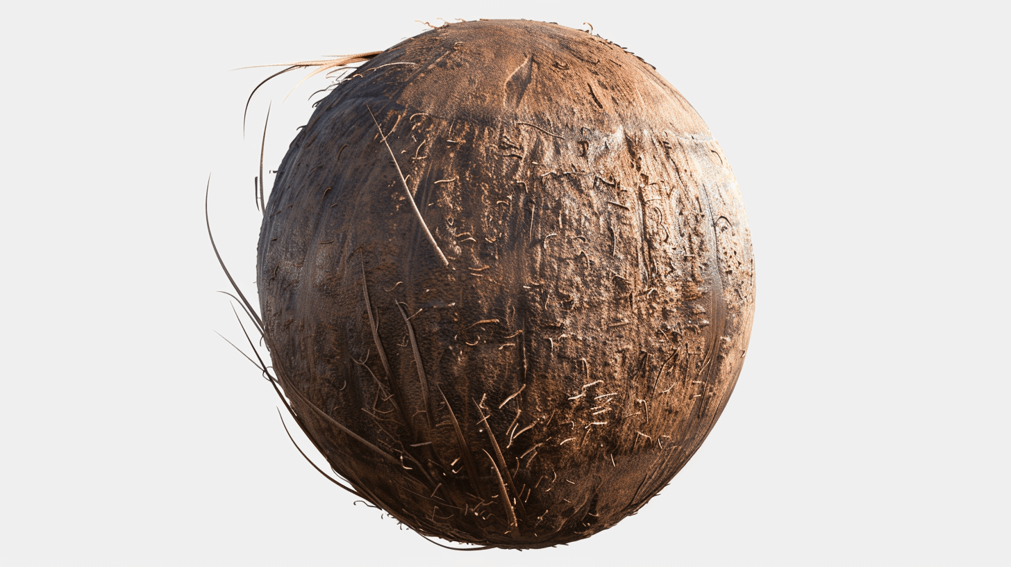 A coconut with a rough texture, no background, no shadow, in the style of game art, 3D model, at a 45 degree angle, top down view, high resolution, high detail, high quality