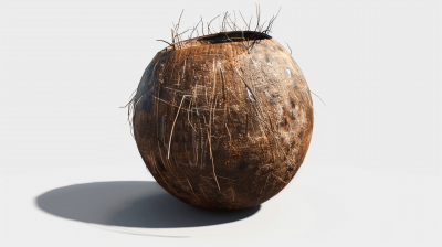 3d render of an empty coconut with some hair on the top, white background, blender, cinema4D, unreal engine, octane rendering,