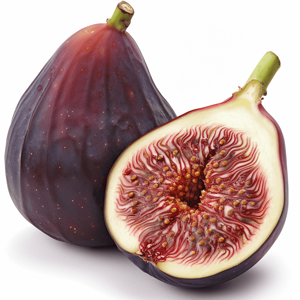 A realistic photo of two whole figs and one cut in half, isolated on a white background with no shadows. The figs are a deep purple to dark red color with detailed patterns. A bright light illuminates the fruit from above the left side, in the style of no particular artist.