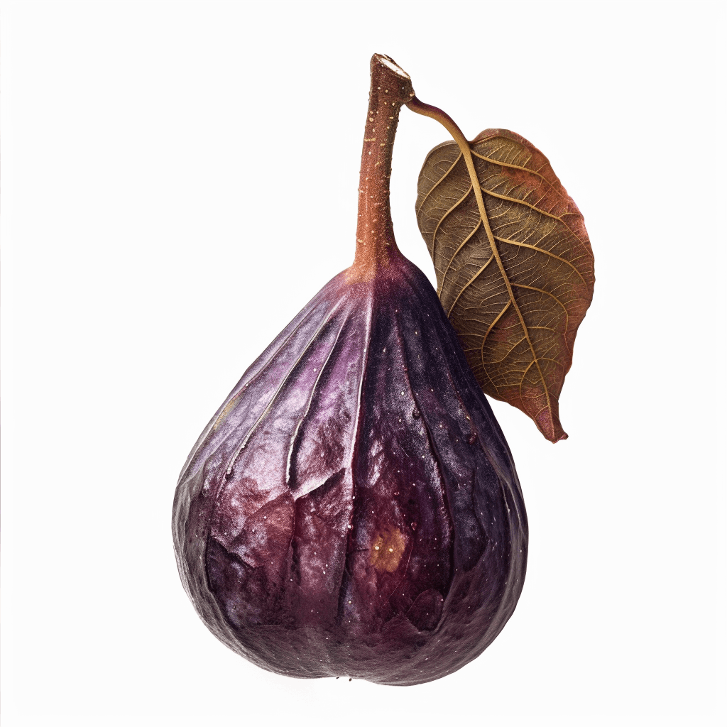 A purple fig with leaf against a white background, isolated in a hyper realistic photographic style.