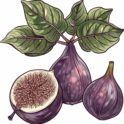 A vector illustration of whole figs and half fig with leaves, purple color palette, white background, drawn in the style of old botanical books, in the style of clipart, detailed, retro, vintage