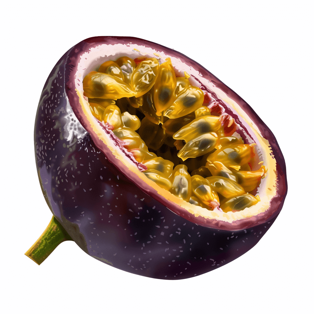 A photorealistic illustration of half passion fruit on a white background, with no shadow under the purple and yellow figs which have many seeds inside. The passion fruits are isolated from each other with space around each one. It has very good detail. The cut plane shows the texture of the glossy skin and juicy pulp in a dark violet color. The style should be hyperrealistic in the style of photorealism.