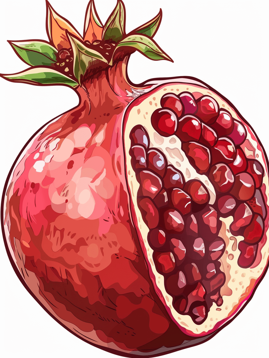 pomegranate vector, cartoon style, white background, clip art for commercial use, no text in the middle of design, high resolution and very detailed