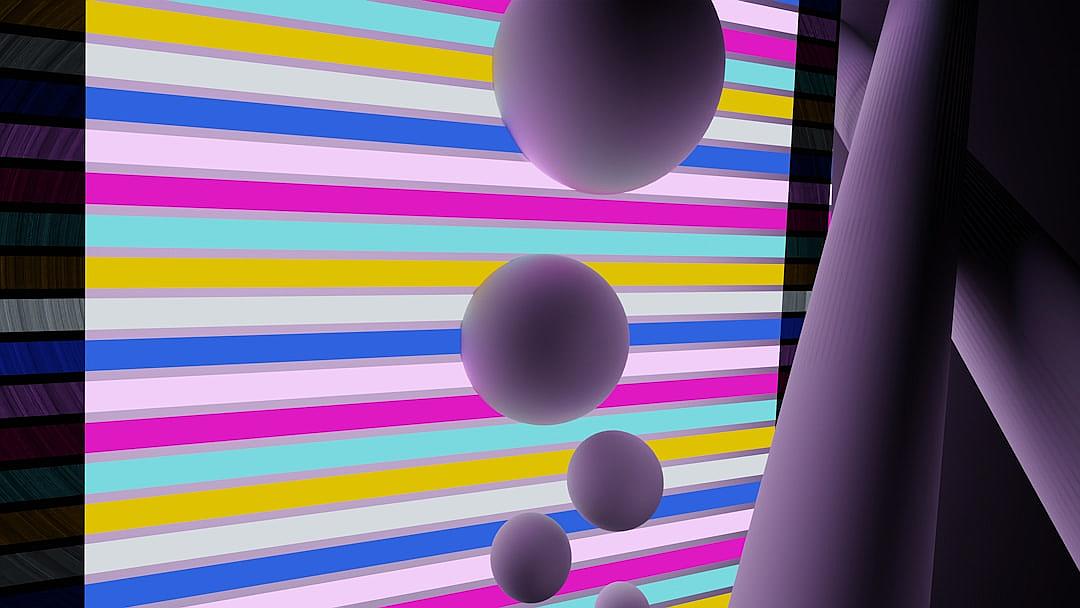 a screen with colorful stripes, a few white spheres floating in the air, and purple walls