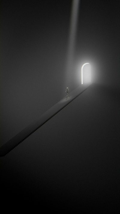 a person walking on the top of long white bridge, a door in far distance shines with light , minimalist stage designs, dark grey background, foggy night scene, subtle lighting, rendered in cinema4d