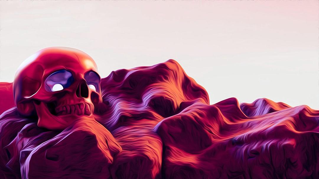 A red skull lies on top of an orange mountain, its eyes glowing with purple light against the white background. The mountain is covered in pink and crimson waves that resemble rocks or boulders. This surreal scene creates a sense of mystery and intrigue, drawing attention to both skulls and mountains. in the style of Jeandashboard.