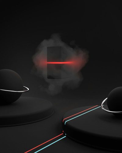 Minimalist black background with a glowing red line and two floating spheres, representing the AI chip's core components. A subtle smoke effect adds depth to the scene. The overall design is sleek and modern, perfect for showcasing products or featuring text in an elegant manner in the style of modern design.