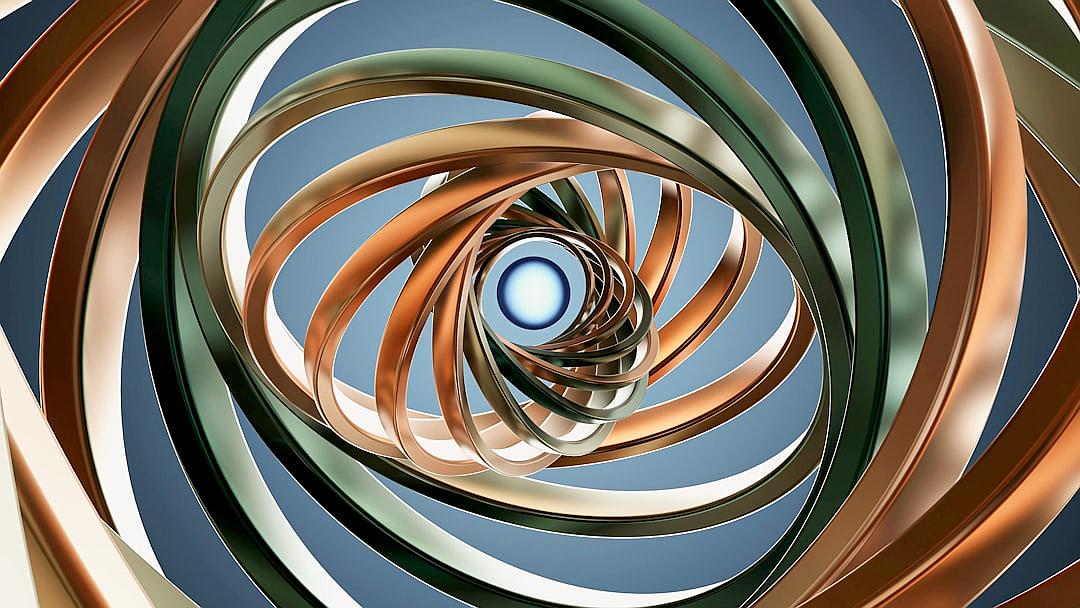 A spiral made of copper, bronze and green metal with blue background, 3d rendering,