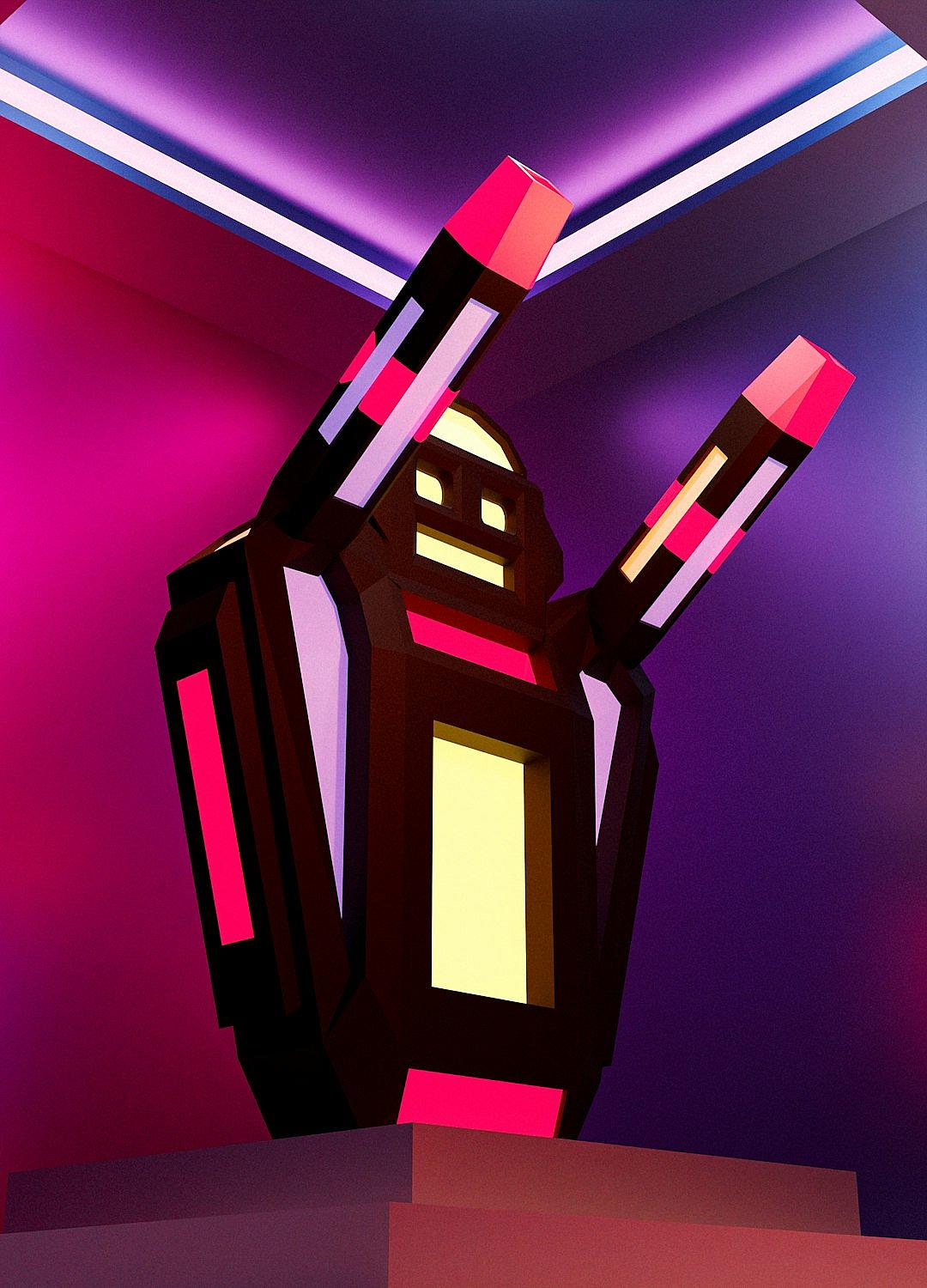 A paper sculpture of A giant lipstick, in the shape of an anthropomorphic robot holding two huge pink and purple lipsticks up to his mouth, against a dark background with neon lights. The style is minimalistic and geometric, with bold lines and flat colors. It has a playful yet mysterious atmosphere.