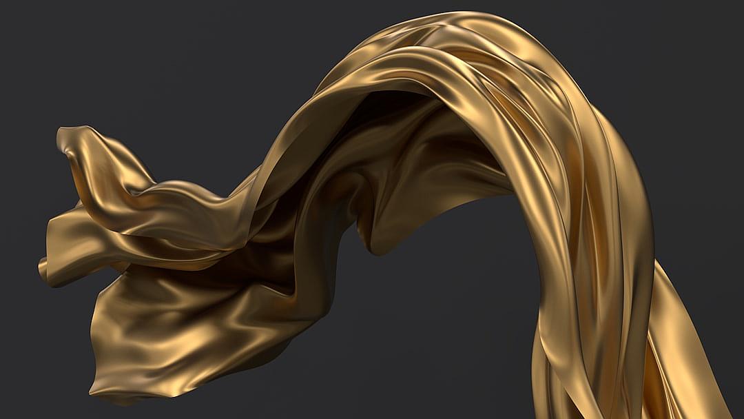 3D render of golden fabric flowing in the wind, isolated on a black background, sculpted in the style of zbrush, 2D game art style, anime-inspired character design with sculpted details, fluid and loose form expression, soft shading, detailed background elements, dark grey gradient background, high resolution, rendered with octane rendering and the vray engine in blender.